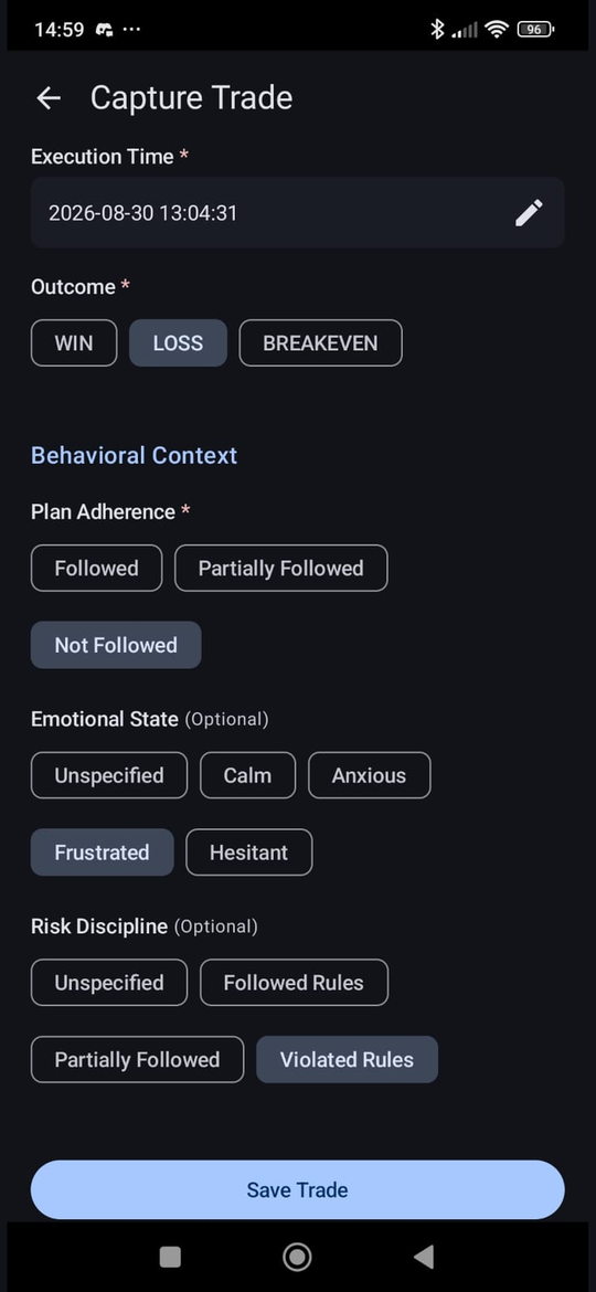 Capture Trade Screen — Plan adherence and risk discipline